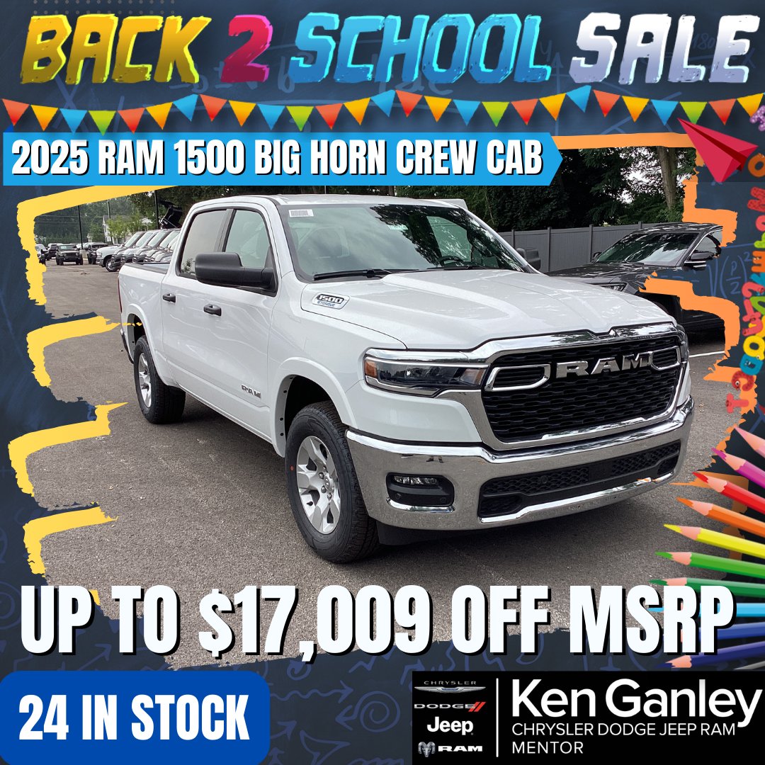 Back 2 School Sale going on now! 2025 RAM 1500 BIG HORN CREW CAB  up to $17,009 OFF MSRP. Contact us to schedule a test drive today! (440) 354-4368

#KenGanleyCDJRmentor #newcars #usedcars #jeep #chrysler #dodge #ram #mentor #ohio

kenganleymentorcdjr.com/offerdetails-N…