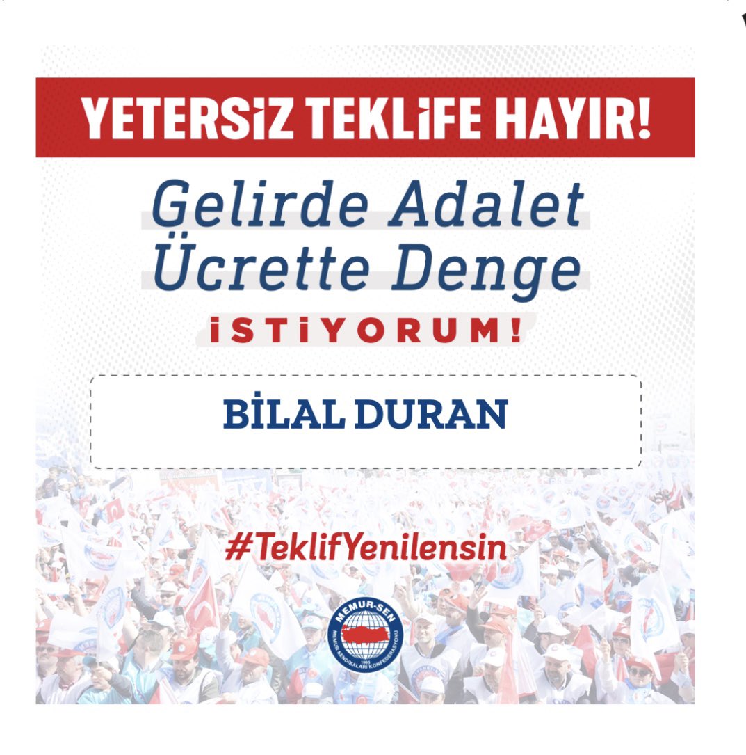 2026’nın ilk altı ayında 10.000 TL taban aylık artışı, %10 refah payı ve %25, İkinci altı ayda %20  zam verilmesi için; #TeklifYenilensin

2027’nin ilk altı ayında 7.500 TL taban aylık artışı ve %20 zam, ikinci yarısında ise %15 zam verilmesi için; #TeklifYenilensin

<a href="/RTErdogan/">Recep Tayyip Erdoğan</a>