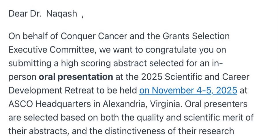 Rafeh Naqash, MD (@thenasheffect) on Twitter photo Honored to be selected for an oral presentation at the Annual <a href="/ConquerCancerFd/">Conquer Cancer, the ASCO Foundation</a> retreat! Without doubt the work <a href="/ConquerCancerFd/">Conquer Cancer, the ASCO Foundation</a> does is phenomenal! Trainees apply for Merit Awards/ YIA/CDA and other opportunities! <a href="/ASCO/">ASCO</a> <a href="/BurrisSkip/">Skip Burris, MD</a> <a href="/jrgralow/">Julie Gralow</a> <a href="/ASCOPres/">Eric J. Small, MD, FASCO</a> Honored to be selected for an oral presentation at the Annual <a href="/ConquerCancerFd/">Conquer Cancer, the ASCO Foundation</a> retreat! Without doubt the work <a href="/ConquerCancerFd/">Conquer Cancer, the ASCO Foundation</a> does is phenomenal! Trainees apply for Merit Awards/ YIA/CDA and other opportunities! <a href="/ASCO/">ASCO</a> <a href="/BurrisSkip/">Skip Burris, MD</a> <a href="/jrgralow/">Julie Gralow</a> <a href="/ASCOPres/">Eric J. Small, MD, FASCO</a>
