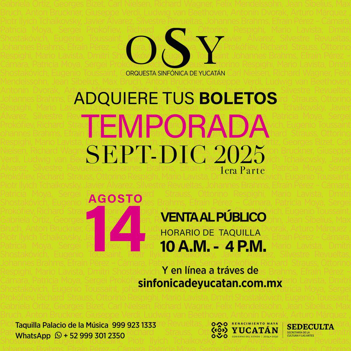 ¡Adquiere ya tus BOLETOS y vive la gran experiencia de asistir a un concierto de la OSY desde el lugar de tu preferencia! 

 Boletos en línea a través de: sinfonicadeyucatan.com.mx/web/venta
Consulta la programación en bit.ly/TemporadaSept-…

¡Ven a la #Sinfónica!
