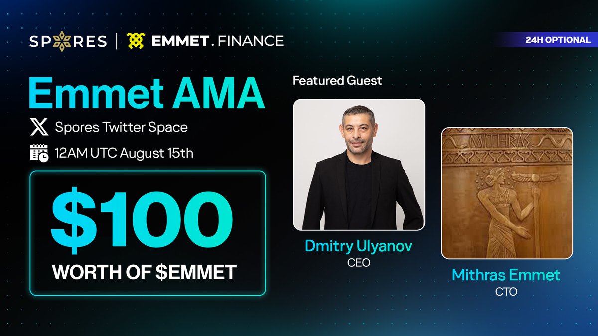 🔔 𝐄𝐌𝐌𝐄𝐓 𝐅𝐈𝐍𝐀𝐍𝐂𝐄 𝐱 𝐒𝐏𝐎𝐑𝐄𝐒 𝐀𝐌𝐀 🔔

As the <a href="/FinanceEmmet/">Emmet Finance Global</a> IDO draws near, we anticipate that Spores fellows may have numerous questions requiring clarification!

⏰  Time: 12 AM UTC August 15th     
📍  Venue: x.com/i/spaces/1BRKj… 
👤  Featured Guests: 
1,