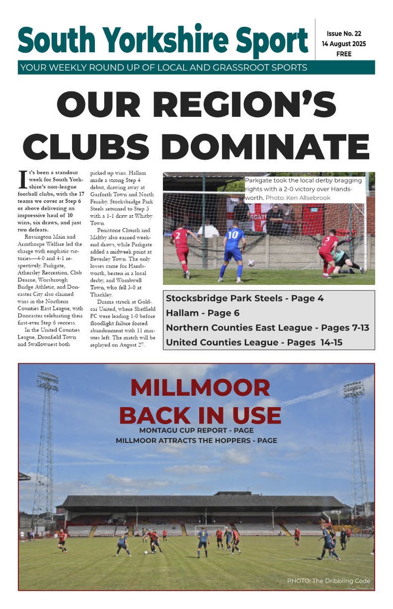 South Yorkshire Sport (@southyorkssport) on Twitter photo Definitely worth waiting for, Issue 22 is now live - free to read, download and/or print at southyorkshiresport.co.uk
Its a packed issue - we've 3 pages of
<a href="/NorthernPremLge/">The Pitching In Northern Premier League</a> with <a href="/parksteelsfc/">Stocksbridge Park Steels</a>
and <a href="/HallamFC1860/">Hallam FC</a> , 6 pages of <a href="/NCEL/">Macron NCEL</a>
, 2 pages of <a href="/utdcos/">UCL</a> . 2 pages from <a href="/montagucup/">Montagu Cup</a> Definitely worth waiting for, Issue 22 is now live - free to read, download and/or print at southyorkshiresport.co.uk
Its a packed issue - we've 3 pages of
<a href="/NorthernPremLge/">The Pitching In Northern Premier League</a> with <a href="/parksteelsfc/">Stocksbridge Park Steels</a>
and <a href="/HallamFC1860/">Hallam FC</a> , 6 pages of <a href="/NCEL/">Macron NCEL</a>
, 2 pages of <a href="/utdcos/">UCL</a> . 2 pages from <a href="/montagucup/">Montagu Cup</a>