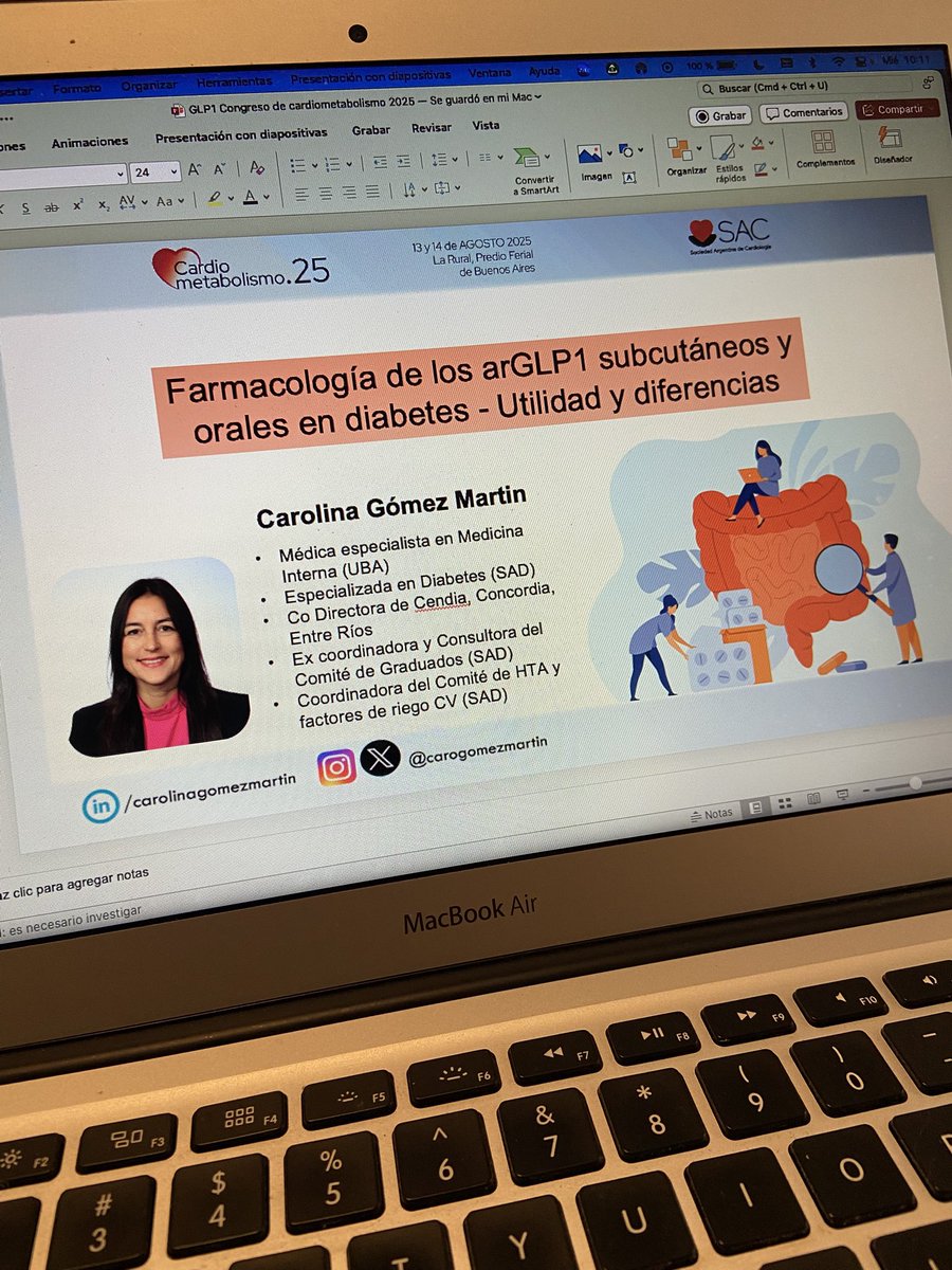 🙌🏻 Hoy en #Cardiometabolismo.25

👏🏻En una mesa transdisciolinaria: “Estrategias farmacológicas en el síndrome cardiorrenometabólico”

🎯Voy a revisar las características de los arGLP1 (sc y orales) para el manejo de la DM2.

👉🏻Los espero a las 16.30 en la sala Battro La Rural.