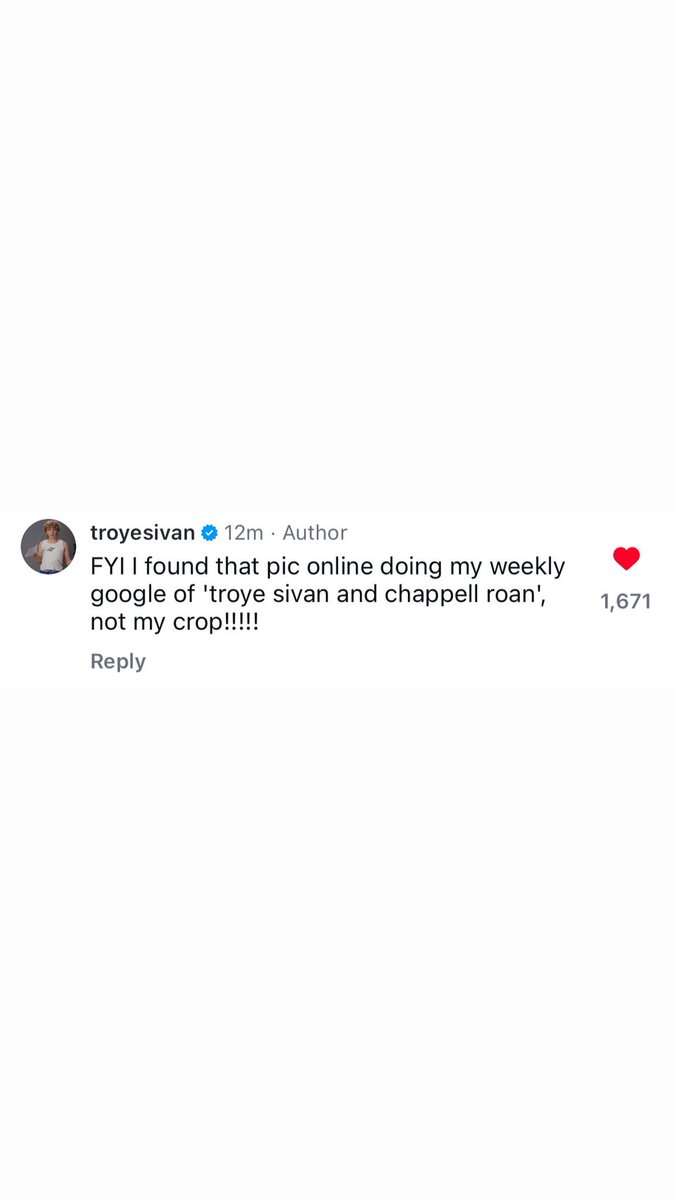Troye addressing the crop of his Chappell Roan picture on Instagram 😭

“FYI I found this pic online doing my weekly google of ‘troye sivan and chappell roan’, not my crop!!!!!”