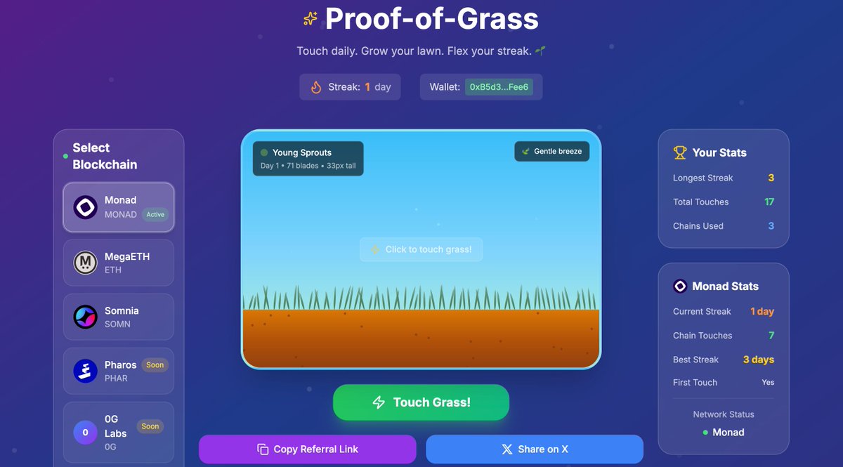 GrinderWiki's tweet photo. 🌱 Introducing TOUCH GRASS: Where web3 meets nature!

A daily ritual that lets you connect with multiple blockchains while watching your digital lawn grow.

Touch some virtual grass, build your streak, and stay grounded in the crypto world.

Try it now: https://t.co/LuGRPxuWh5 https://t.co/KZBlc6f31i