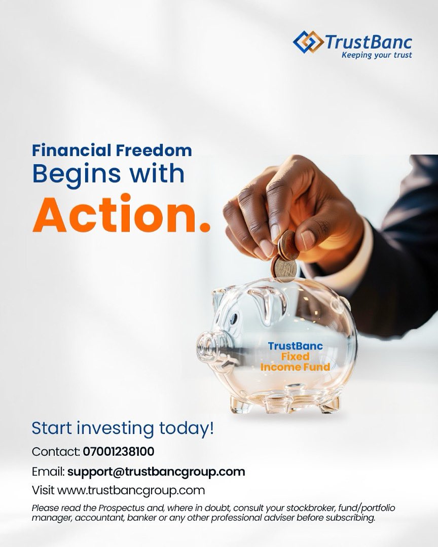 akinwale_cfi's tweet photo. RT @TrustBancgroup
Small steps today, big wins tomorrow.
Start with a minimum of โฆ10,000 and let your money work for you.
๐ 07001238100
๐ฉ support@trustbancgroup.com
#TrustBanc
#WealthBuilding
#SmartInvesting
#FixedIncomeFund https://t.co/UWB6omL4Xv