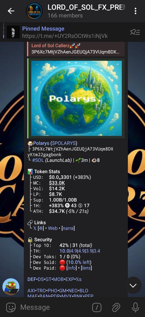 lord_of_sol9's tweet photo. ­🐶Polarys #POLARYS
├
Ca: 3P6Xc7MtjVZhAenJGEUQjA73VUqm8DXyKtm22gagbonk
└ #SOL (LaunchLab) | 🌱3m | 👁️8

📊 Token Stats
 ├ USD:  $0.0₄3301 (+383%)
 ├ MC:   $33.0K https://t.co/6rZIe8mQnt