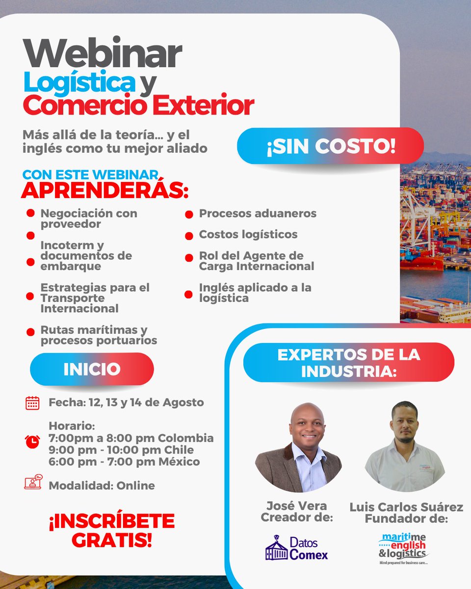 DatosComex's tweet photo. 🚢 Conéctate hoy a las 7:00 p.m. (hora Colombia) a nuestra Clase 3 de Logística y Comercio Exterior 🎯
🎁 Participa y podrás ganar una beca completa en Maritime English &amp; Logistics.
🔗 https://t.co/NyJnNRnAo9

#ComercioExterior #Logística #Exportaciones #Importaciones https://t.co/yM6I28hCiU
