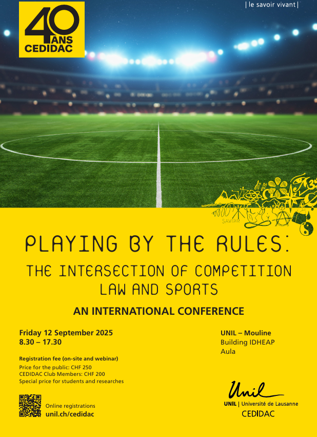 Marjolaine Viret, PhD (@marjolaineviret) on Twitter photo Join us on 12 September in Lausanne for a full day on the intersection between competition law and sport, with an amazing, diverse, Swiss & international cast of keynote speakers and panellists. Registration available on site & online! Join us on 12 September in Lausanne for a full day on the intersection between competition law and sport, with an amazing, diverse, Swiss & international cast of keynote speakers and panellists. Registration available on site & online!