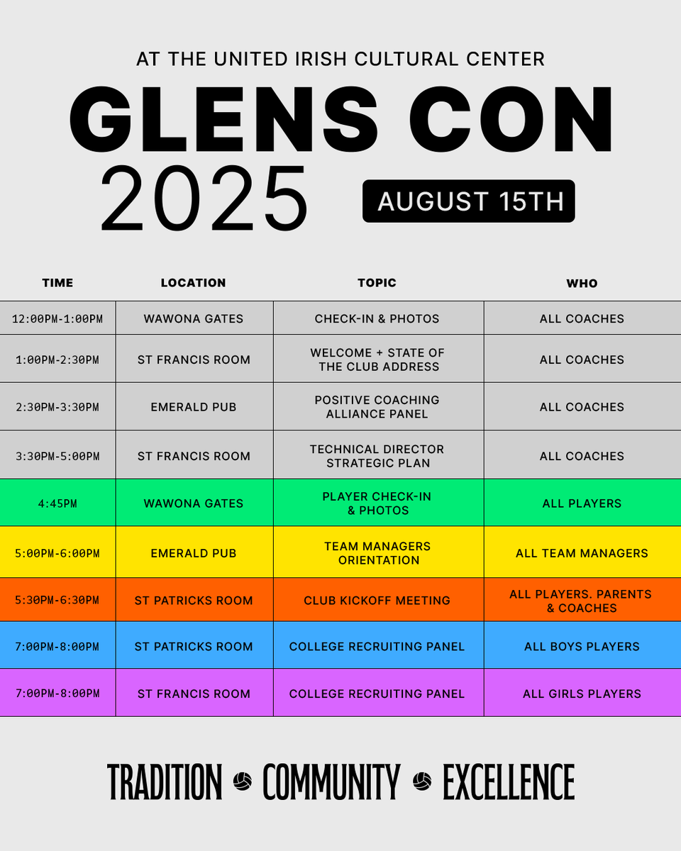 🚨 Glens Con is TOMORROW! 🚨

The wait is almost over! We can’t wait to kick off the season together at our first-ever Glens Con! 

📅 Friday, August 15
📍 Irish Cultural Center
🕓 Check-in starts at 4:45 PM for Players &amp; Parents at Wawona Gates!

#UpTheGlens ☘️