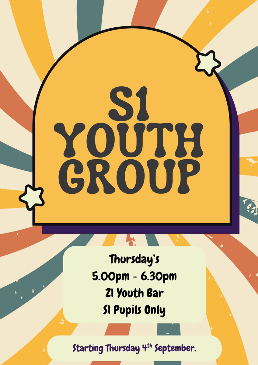 S1 Youth Group makes a return this session BUT it's having a change of day!

S1 Youth Group will start on THURSDAY 4TH SEPTEMBER @ Z1 Youth Bar from 5.00pm - 6.30pm for anyone who is in S1*

The S1 Team are looking forward to welcoming you all to Z1 Youth Bar 🤩 #TeamGYT