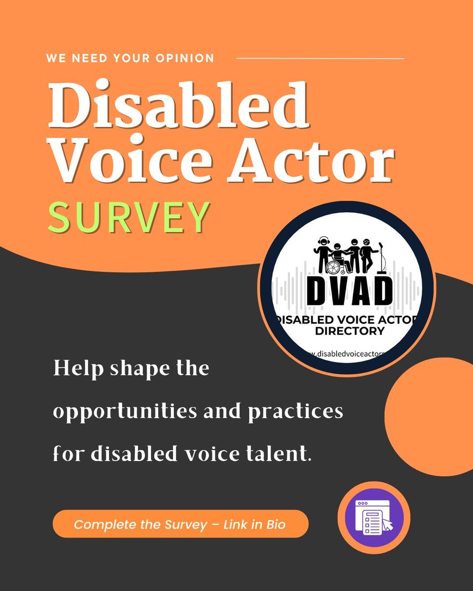 DVAD is helping run a survey for disabled voice talent to gather data about experiences, needs, suggestions, etc. as it relates to hiring disabled voice talent. This data will help shape the opportunities and practices for disabled voice talent.

Please take the survey here: