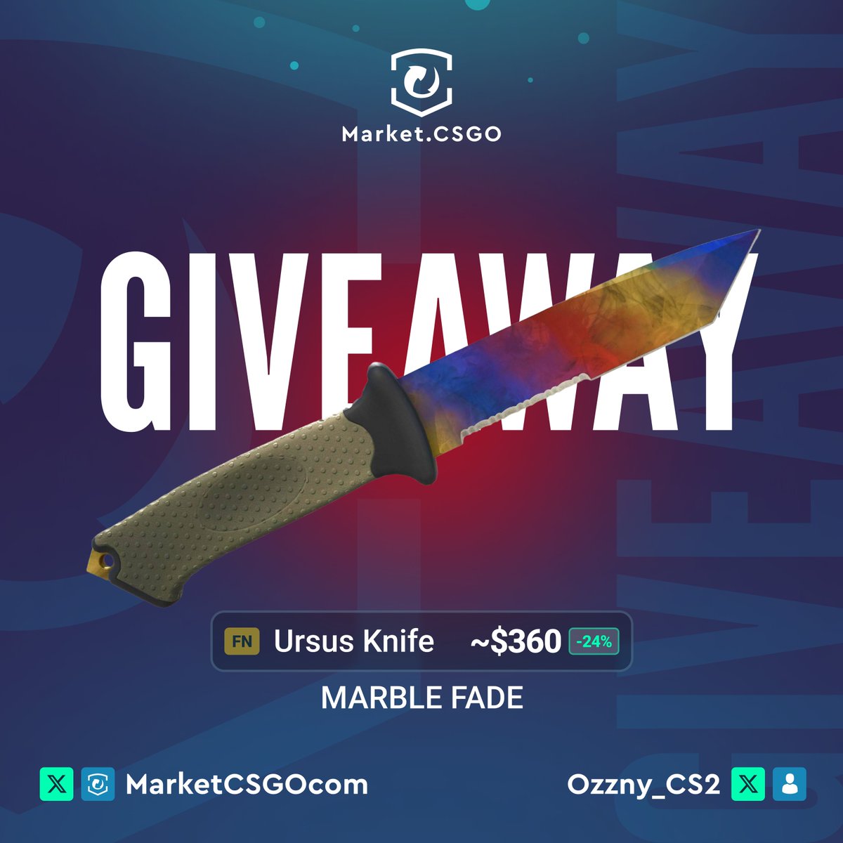 ⭐️ Ursus Marble Fade GIVEAWAY ($360) ‼️

How to enter:
- Follow <a href="/Ozzny_CS2/">Ozzny</a> &amp; <a href="/MarketCSGOcom/">Market.CSGO</a> 
- Like + Repost

&gt; NO BOTS ALLOWED: for that reason check replies for the last requirement ⤵️