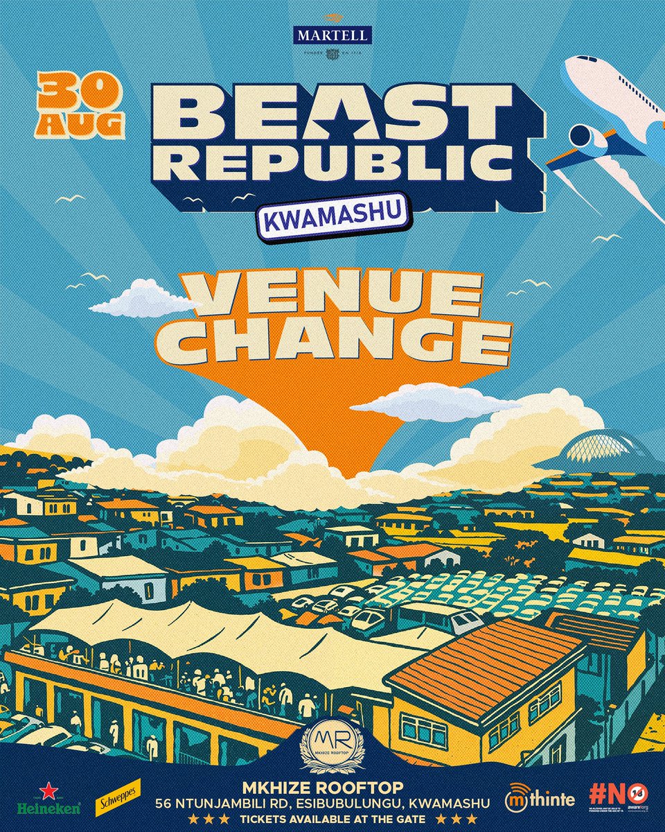 🚨 VENUE UPDATE 🚨

Same vibes. Bigger view. 🌆✨

BEAST REPUBLIC‼️30 AUG ‘25

We’re taking it to the Rooftop – Mkhize Rooftop – where the kasi skyline meets the hottest beats.

Poured up by Martell 🥃, Chilled with Heineken 🍺, Mixed by Schweppes 🍹 &amp; Connected by Mthinte 🛜