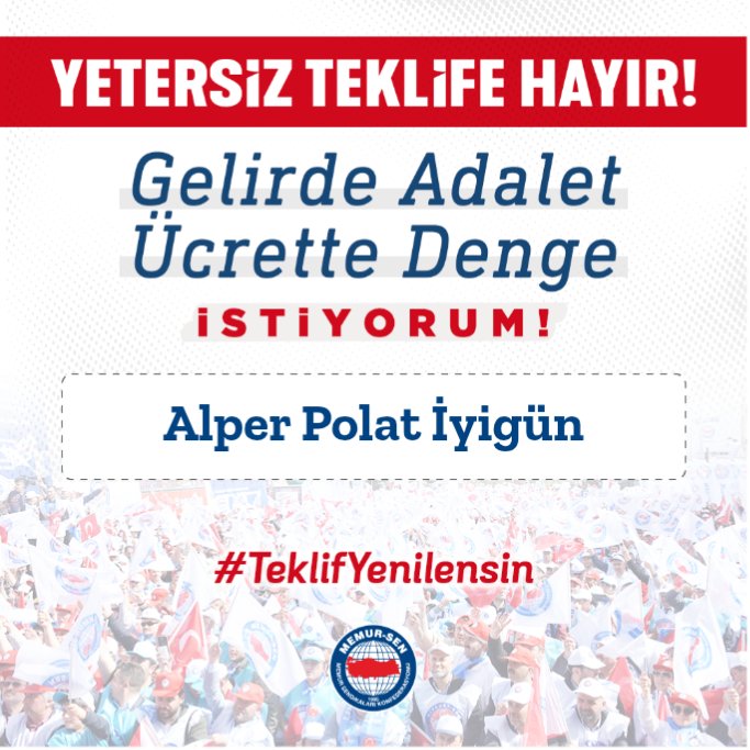 Memurun emeğini yok sayan teklife karşı birlik olma zamanı!

Gelirde adalet, ücrette denge ve yetersiz teklife hayır demek için ses ver!

Sen de destek ol 👇
🔗 eylem.memursen.org.tr

#TeklifYenilensin