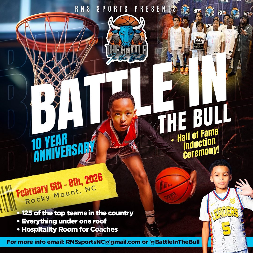 The “THE BATTLE IN THE BULL” in 2026 &amp; WE WILL BE CELEBRATING OUR 10 YEAR ANNIVERSARY‼️

FEBRUARY 6th-8th, 2026 🏀

This year we will induct some Battle in the Bull alumni Players &amp; Coaches into the HALL OF FAME‼️✨

TAG A PLAYER/COACH THAT SHOULD BE IN THE  HALL OF FAME
👇🏽👇🏽👇🏽