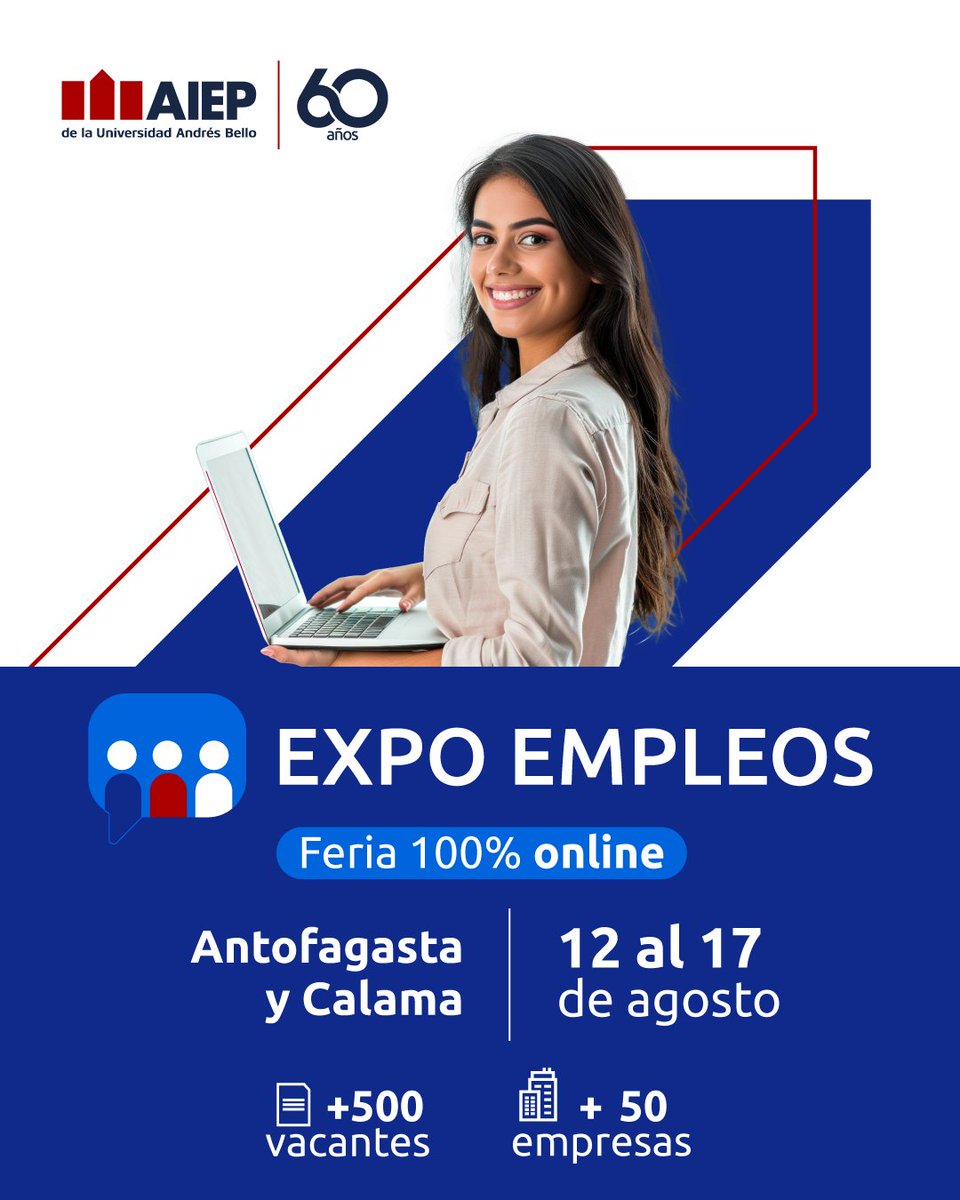 🚀 💼 Tu próximo trabajo te está esperando con Expo Empleos AIEP🖥️ Feria 100% online con más de 500 vacantes y la participación de más de 50 empresas 🔝
 
📍 Antofagasta y Calama
📅 Del 12 al 17 de agosto
 
Acá te dejamos el link de ingreso lnkd.in/djeEwSF