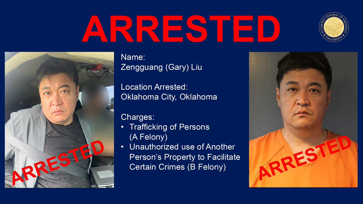 Attorney General Tim Griffin (@agtimgriffin) on Twitter photo Earlier this week, following a lengthy investigation by my Special Investigations Division, Zengguang “Gary” Liu was taken into custody by <a href="/USMarshalsHQ/">U.S. Marshals Service</a> and <a href="/OKCPD/">Oklahoma City Police</a>, and agents from my office served warrants on him in Oklahoma City. Liu is a naturalized U.S. citizen from China, Earlier this week, following a lengthy investigation by my Special Investigations Division, Zengguang “Gary” Liu was taken into custody by <a href="/USMarshalsHQ/">U.S. Marshals Service</a> and <a href="/OKCPD/">Oklahoma City Police</a>, and agents from my office served warrants on him in Oklahoma City. Liu is a naturalized U.S. citizen from China,