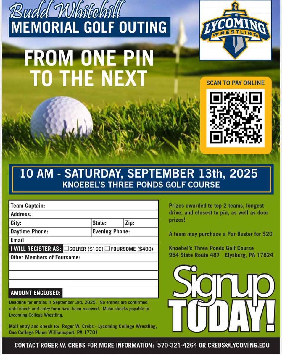 Just under a month away from the 23rd Annual Budd Whitehill Memorial Golf Outing. Use the QR code to sign up or pay for a hole sponsorship! Looking forward to seeing you there!