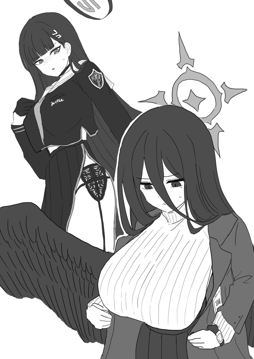 【Skeb】
「互いの服装を交換してスリットで脚が丸見えになってるのを恥ずかしがってるリオとスーツのボタンが閉まらなくて何とか閉めようと奮闘してるハスミ」