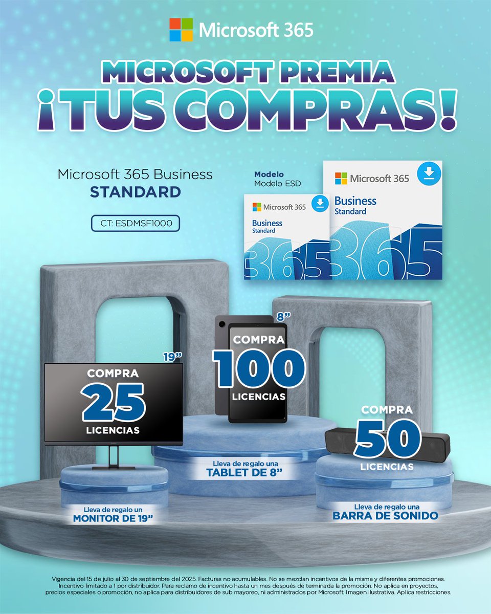 ¡Gana premios 🎁 al hacer tus compras 🛒 de Microsoft Office Business Standard!

Llévate todos los beneficios de las aplicaciones que ya conoces y regalos increíbles al ofrecer a tus clientes la suite más completa de herramientas de #Microsoft

🌐 ctonline.mx/ESD/Aplicacion…