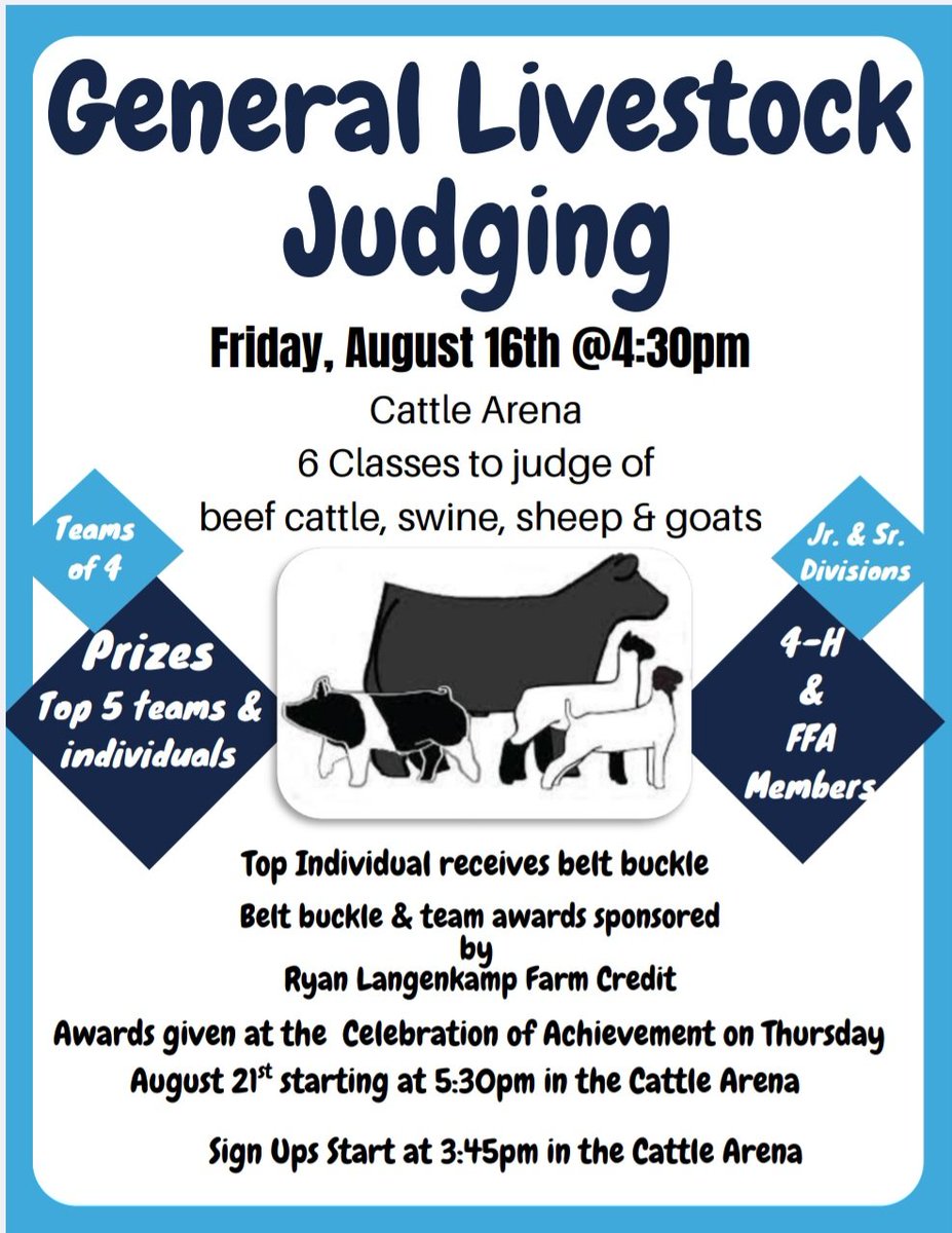 Great Judging opportunities on Friday.
Dairy at 1pm and General Livestock at 4:30pm
Shout out to Ryan Langekamp Farm Credit  for the Awards!