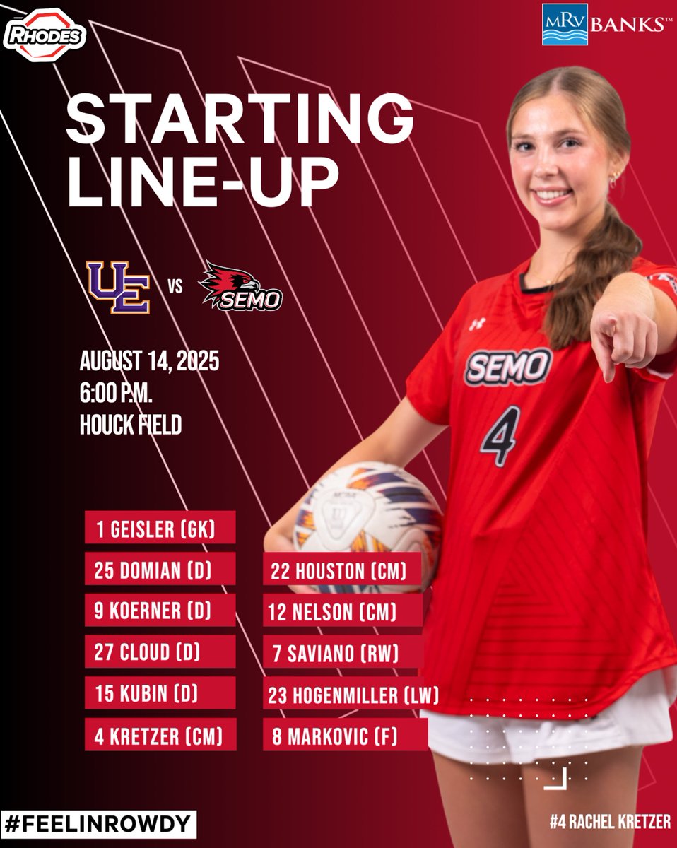 🚨 STARTING XI 🚨 

Redhawks &amp; Purple Aces coming up at 6 p.m. RIGHT HERE in Cape Girardeau on a beautiful Thursday evening ☀️ ⚽️ 🎉 

#FeelinRowdy x #NCAASoccer