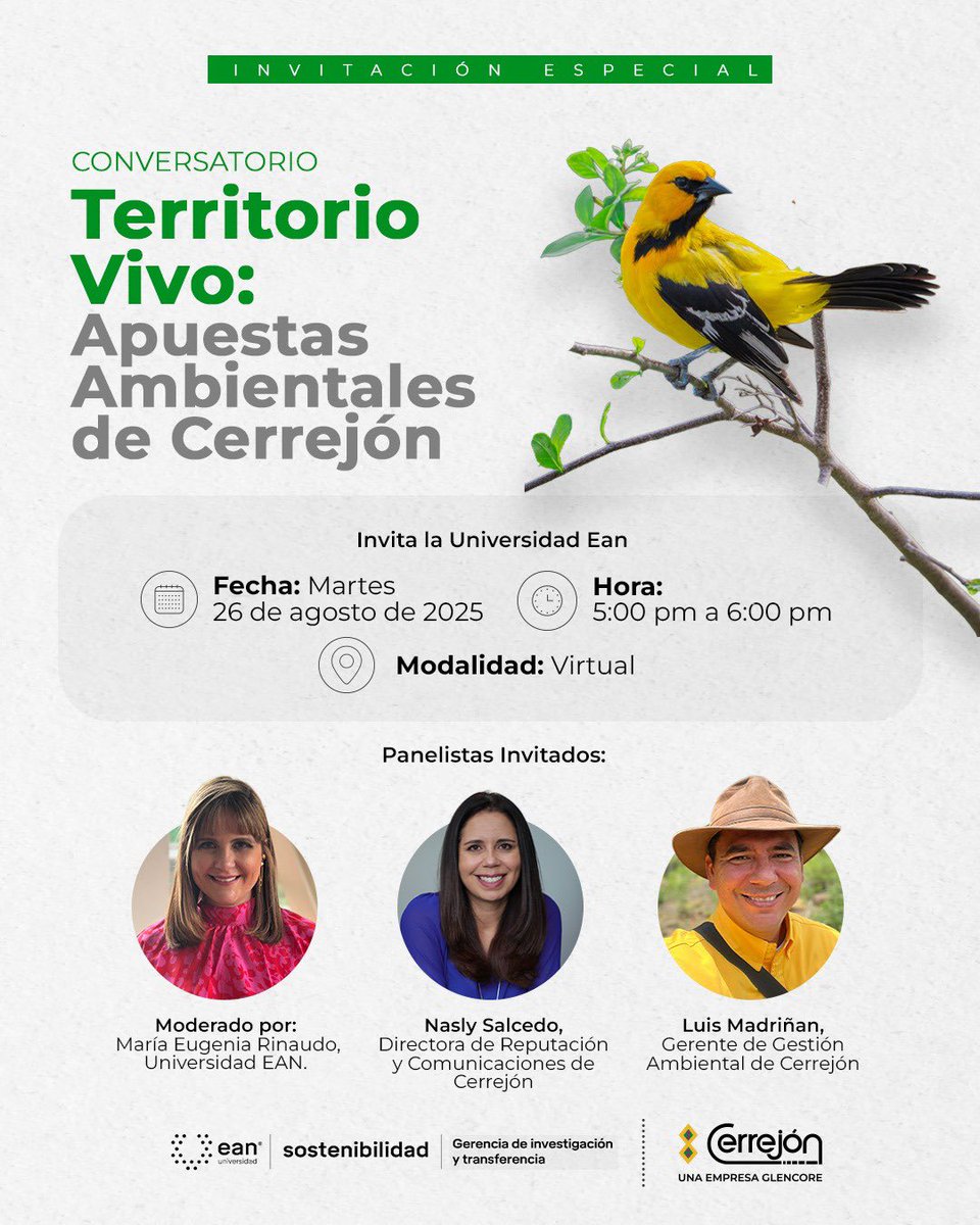 El próximo martes 25 de agosto los invito a este conversatorio virtual liderado por la universidad <a href="/UniversidadEan/">Universidad Ean</a> , donde compartiremos espacio con <a href="/soymariarinaudo/">Maria E. Rinaudo Mannucci</a> y <a href="/NaslySalcedo/">Nasly Salcedo</a> para hablar sobre las apuestas ambientales de <a href="/CerrejonCol/">Cerrejon Colombia</a>, no olviden inscribirse ☝🏼