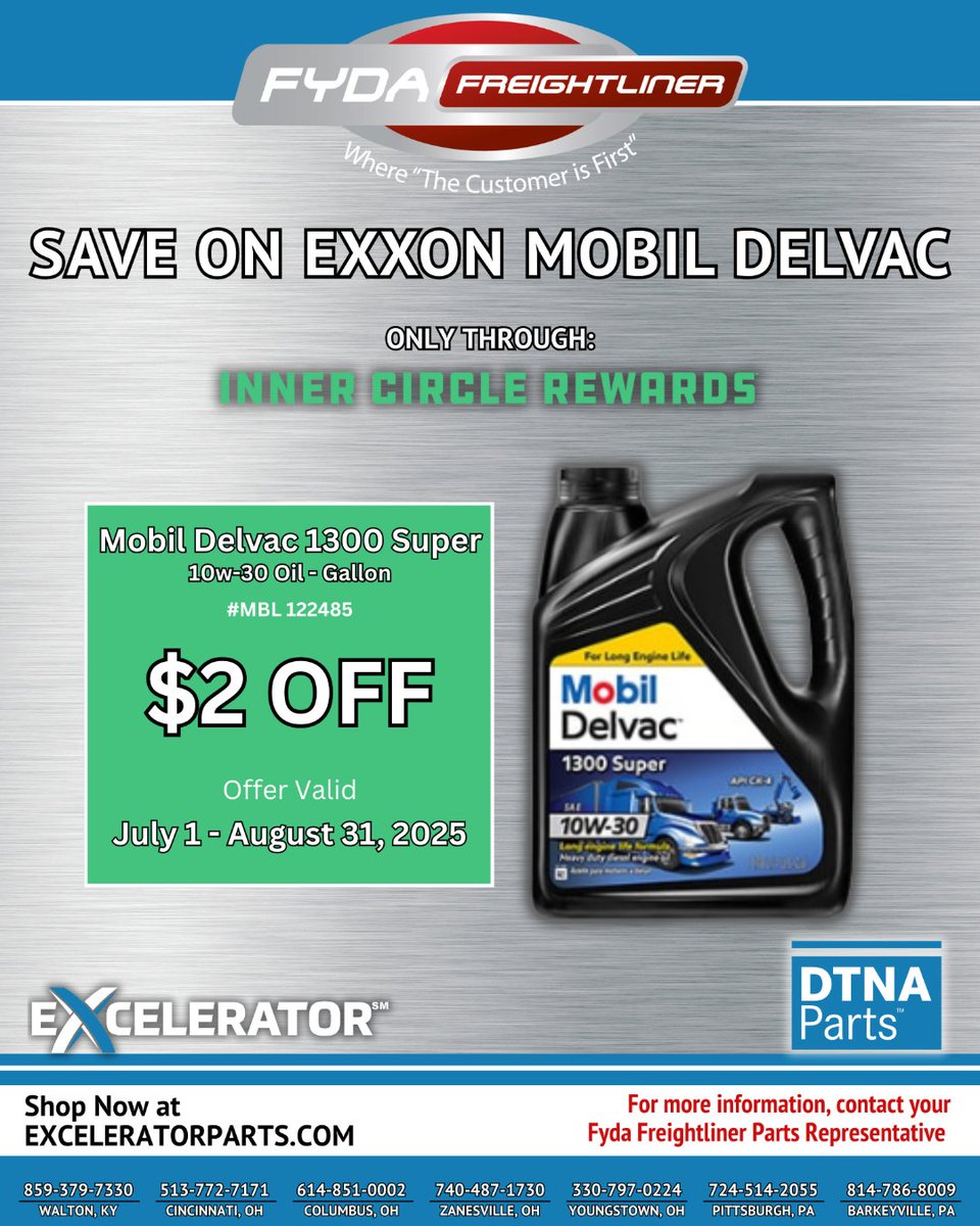 FydaTrucks's tweet image. SPECIAL ENDS SOON! Save on Exxon Mobile Delvac with Inner Circle Rewards -- deal ends August 31, 2025.

Contact your Fyda Freightliner parts representative to take advantage of ICR through Excelerator!

#FydaFreightliner #DTNAParts #Excelerator #MobileDelvac #InnerCircleRewards