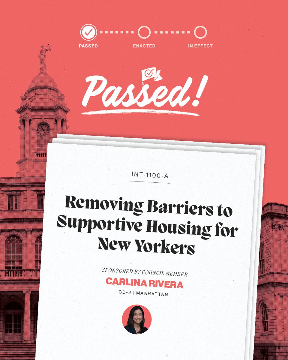 NYCCouncil's tweet photo. INT 1100-A (sponsored by @CMCarlinaRivera) removes a barrier that delays access to supportive housing for New Yorkers with justice system involvement and mental health challenges, who are experiencing homelessness. https://t.co/uVaekNa9Ki