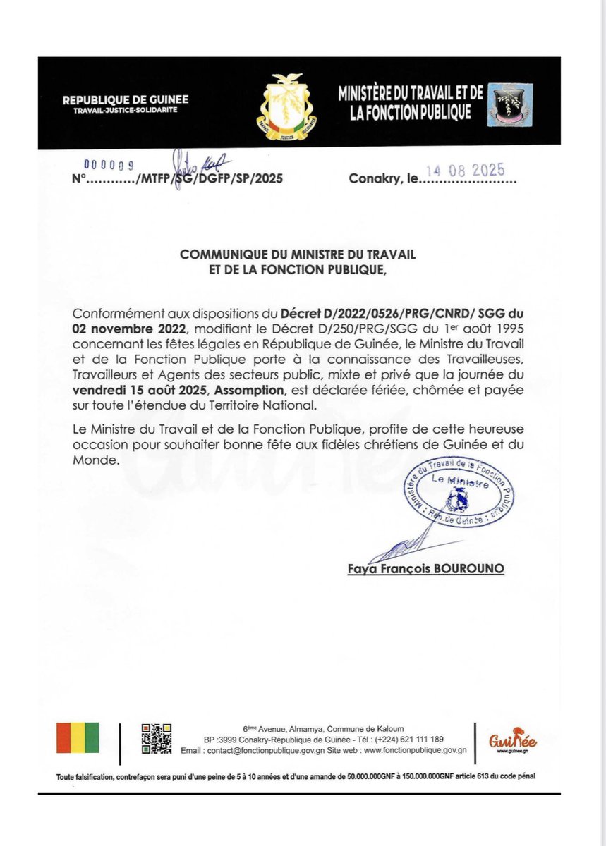 Communiqué du MTFP : journée du 15 août 2025 fériée, chômée et payée sur tout le territoire national