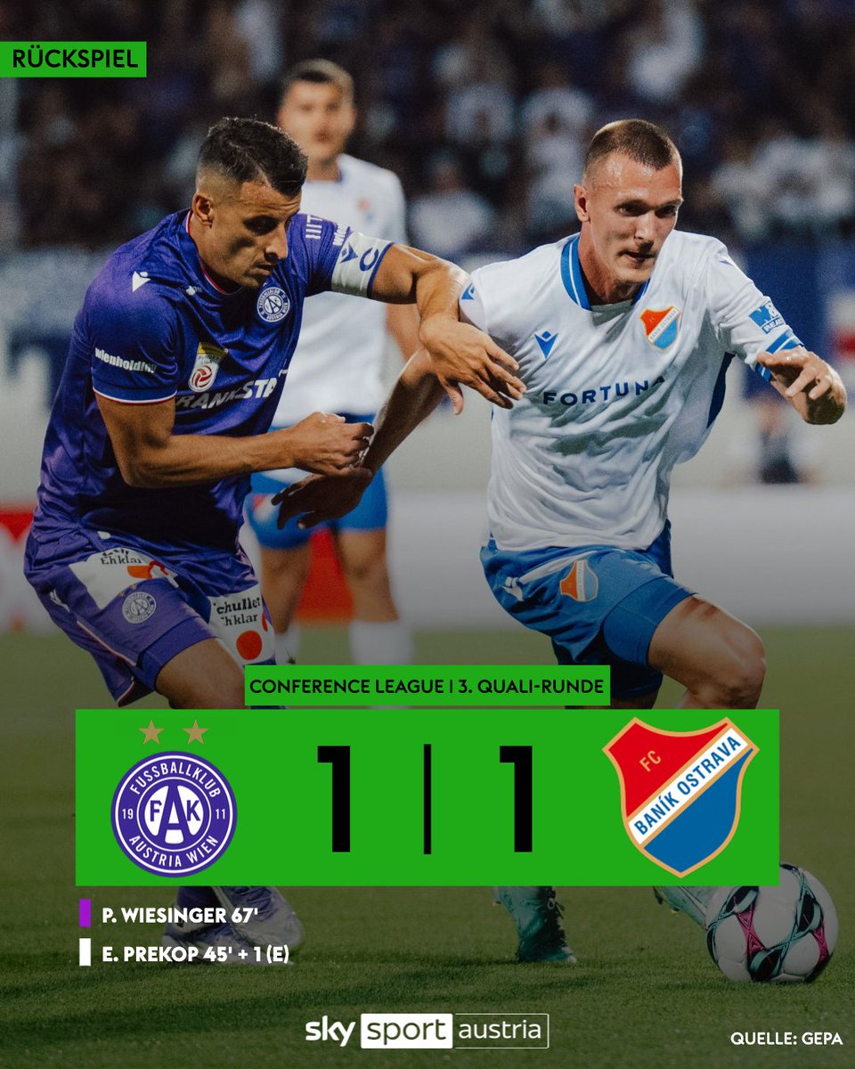SkySportAustria's tweet photo. Remis reicht nicht: Die Europacup-Saison des @FKAustriaWien ist beendet! ❌ 

Alle Infos 👉 https://t.co/i6kQZckoX7

#SkyECL #UECL #ConferenceLeague #FAKBAN #Austria #ECL #Qualifikation https://t.co/cPeei9Y2zY