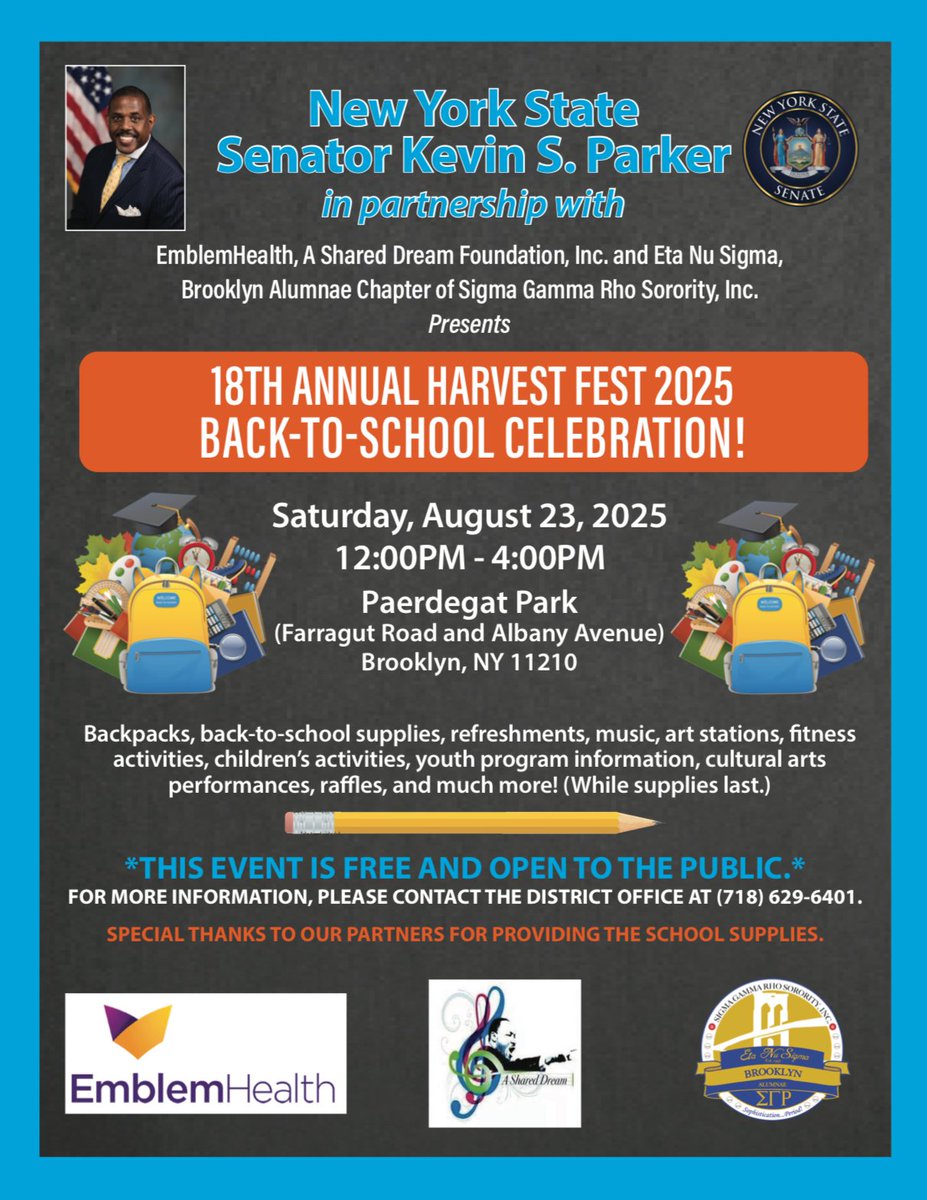 New York State Senator Kevin Parker warmly invites families from across the borough to gather at Paerdegat Park on Saturday, August 23, 2025, from 12:00 PM to 4:00 PM