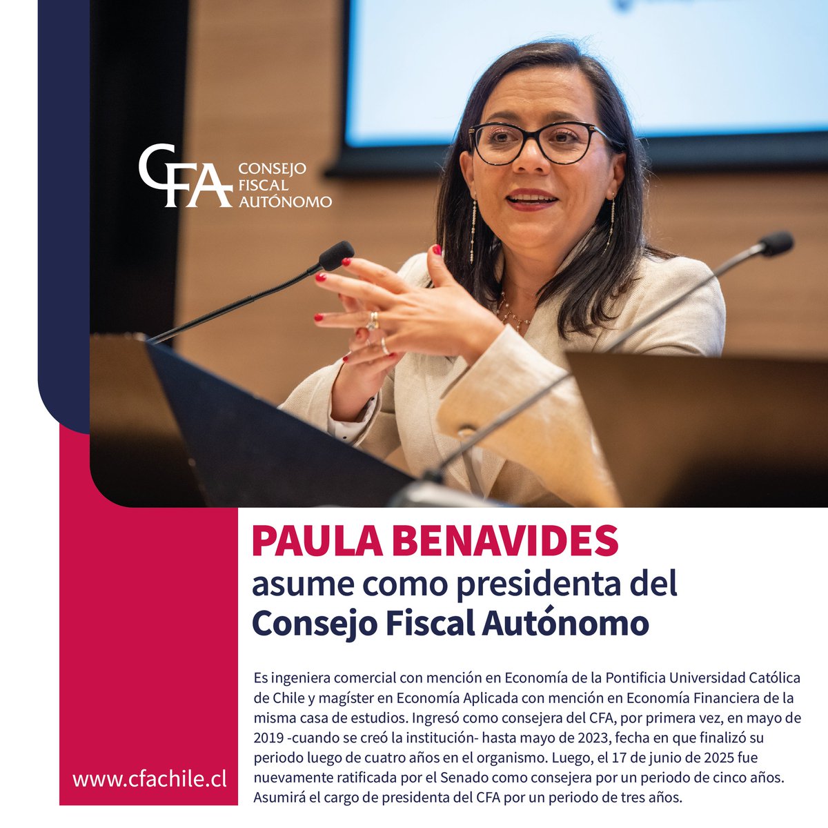 Consejo Fiscal Autónomo (@consejofiscalch) on Twitter photo Consejeros del CFA | Paula Benavides asumirá como presidenta del <a href="/ConsejoFiscalCh/">Consejo Fiscal Autónomo</a>, luego de que el Presidente de la República, Gabriel Boric, firmara su decreto de nombramiento, y que este fuera ingresado hoy a la <a href="/Contraloriacl/">Contraloría</a>.
🔹La economista es ingeniera comercial con Consejeros del CFA | Paula Benavides asumirá como presidenta del <a href="/ConsejoFiscalCh/">Consejo Fiscal Autónomo</a>, luego de que el Presidente de la República, Gabriel Boric, firmara su decreto de nombramiento, y que este fuera ingresado hoy a la <a href="/Contraloriacl/">Contraloría</a>.
🔹La economista es ingeniera comercial con