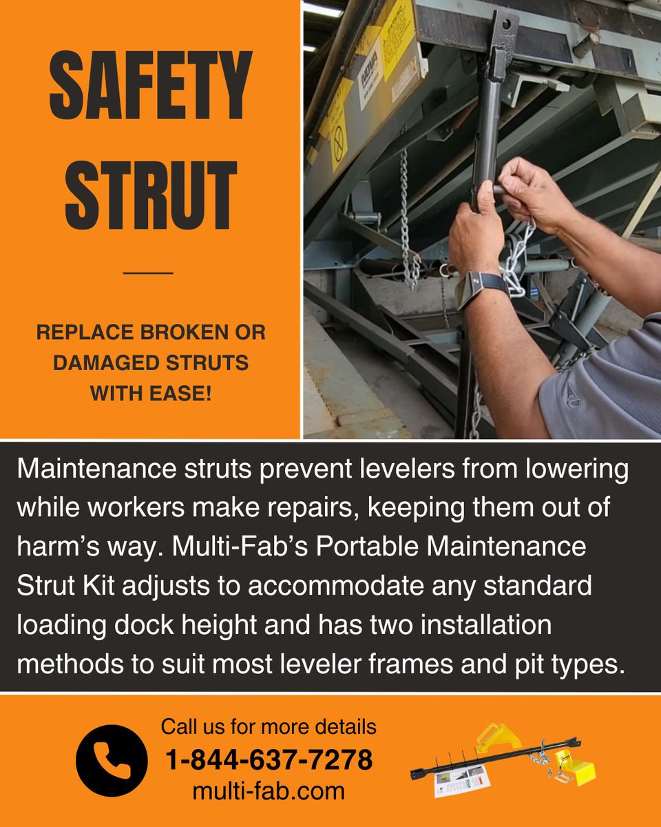 multifabproduct's tweet image. Multi-Fab&apos;s universal replacement kit makes replacing broken, damaged, or missing struts easy, compatible with any dock leveler brand or model.

multi-fab.com/dock-parts-acc…

#SafetyStrut #StrutKit #LoadingDocks #ReplacementParts #MultiFabProducts