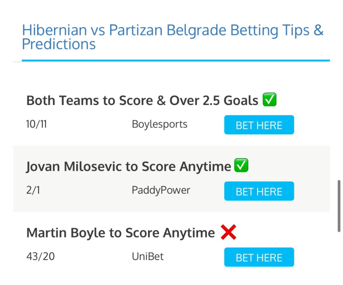 ⚽️ Hibernian vs Partizan Belgrade (1-3 ⚽️)

🔵 Both Teams to Score &amp; Over 2.5 Goals 10/11 ✅
🔵 Jovan Milosevic to Score Anytime 2/1 ✅

Decent nights work with the main selection landing and also a nice 2/1 on Milosevic scoring the worst goal of the game 🤣