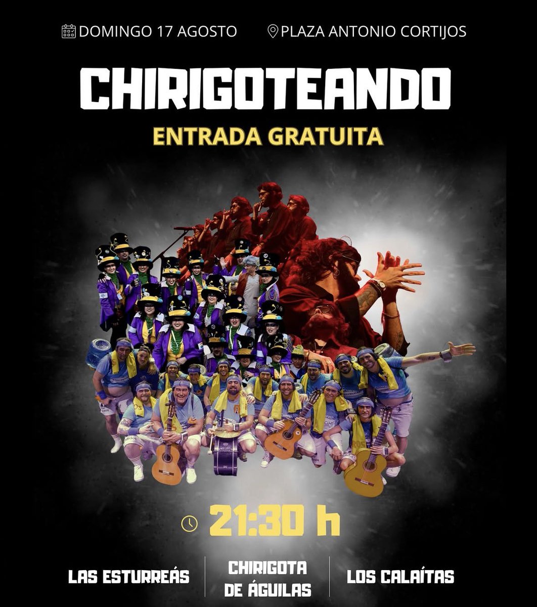 Domingo 16/08 ~ Á𝐠𝐮𝐢𝐥𝐚𝐬 🎭

📍 Plaza A. Cortijos (Águilas, Murcia)
⏰ 21:30 horas 

#𝕃𝕠𝕤ℂ𝕒𝕝𝕒í𝕥𝕒 #Á𝕘𝕦𝕚𝕝𝕒𝕤 #𝕄𝕦𝕣𝕔𝕚𝕒