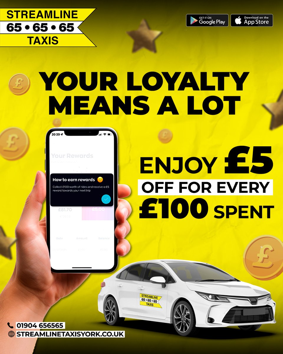 TaxisYork's tweet photo. Save more every time you book.

With the Streamline app, once you’ve spent £100, we’ll knock £5 off your next journey, automatically.
.
.
.
.
.
#StreamlineTaxis #YorkTaxis #YorkDeals #TaxiSavings #YorkshireTravel #TaxiApp #SaveWithStreamline #YorkLife #SmartTravel #Reward https://t.co/j9JHH0b5cc