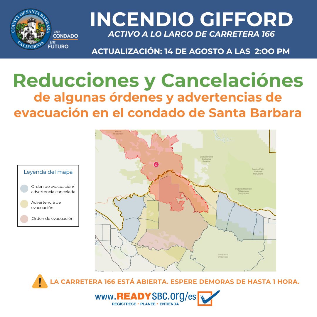 📢Actualización sobre el Incendio Gifford en el condado de Santa Bárbara: Se reducen y cancelan algunas órdenes y advertencias de evacuación. 

📍Más detalles en ReadySBC.org/emergencia 

#GiffordFire #ReadySBC #SantaBarbaraCounty