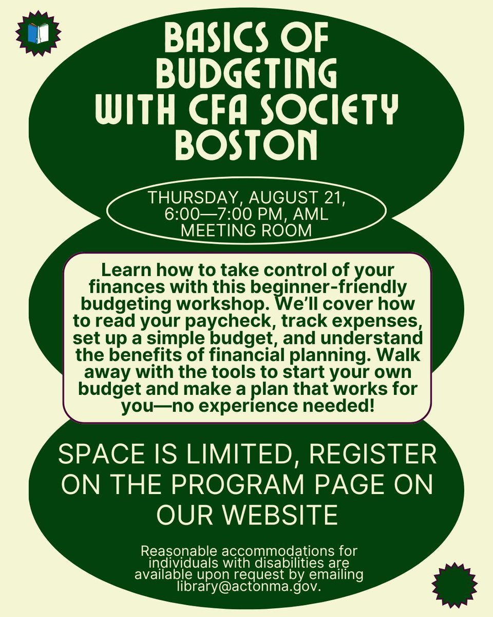 Join us Thursday, Aug. 21, from 6-7pm for Basics of Budgeting with CFA Society Boston! Register on the program page of our website: buff.ly/Ryc29Dc 
Learn how to take control of your finances with this beginner-friendly budgeting workshop. See bio for accessibility info.