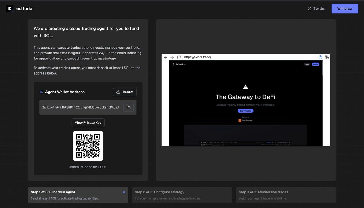Introducing Editoria

Launch your first cloud-based trading agent in seconds.

During our initial platform rollout, sessions are limited to 30 minutes as we evaluate server performance.

CA: vgqxLidtwF8MuARJLCwcsmCDLRFauNUzG2y4Qyepump

Welcome to the future of trading.