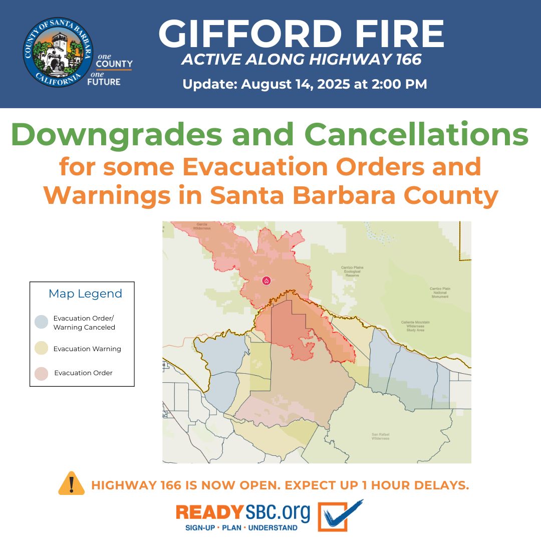 📢#GiffordFire Update for #SantaBarbaraCounty: Downgrades and cancellations for some evacuation orders and warnings. 

📍Details at ReadySBC.org/emergency 

#ReadySBC