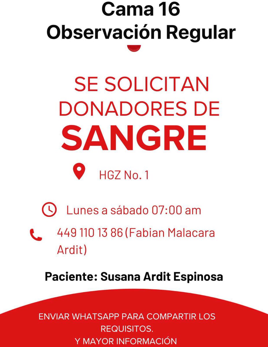 #URGENTE #CDMX #Sangre para Susana Ardit Espinosa en el HGZ No. 1.
Contactar vía WhatsApp al: 449 110 1386 con Fabian Malacara Ardit.

#DonaEnVida #DonaConAmor