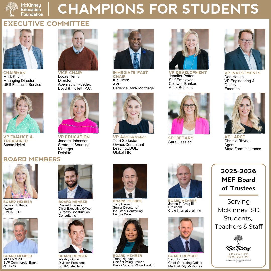 They show up. They give. They lead.
Our 2025-2026 MEF Board of Directors is made up of compassionate, engaged, and driven leaders who believe that every student deserves the opportunity to succeed.

To each of you: thank you for being the heart behind MEF’s impact.