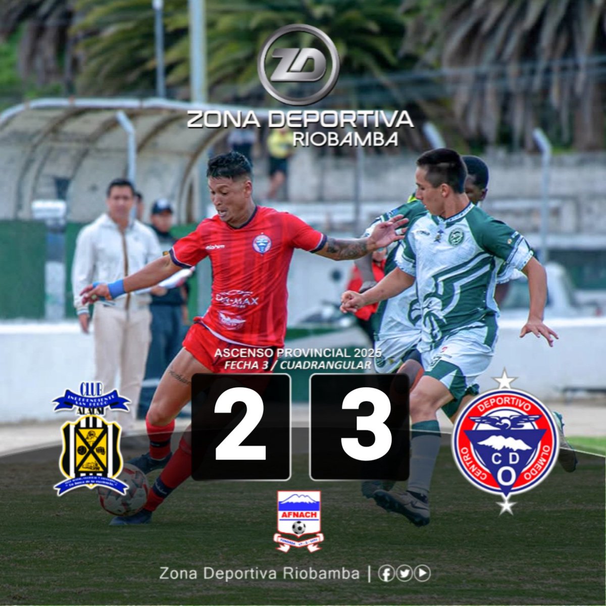 roldan_jimmy's tweet image. #AscensoCHIMBORAZO
¡𝙏𝙍𝙄𝙐𝙉𝙁𝙊 𝙊𝙇𝙈𝙀𝘿𝙄𝙉𝙊!
#CuadrangularFinal

Marcador Final:
#CisnerosFC 2 - 3 #CDOlmedo 
Estadio "Timoteo Machado" - #Guano
#Fecha3 / #PrimeraEtapa / #AFNACH

@Segunda_Ec
@FEFecuador
Informa: #JimmyRoldán
Zona Deportiva Riobamba
Hacemos la diferencia!