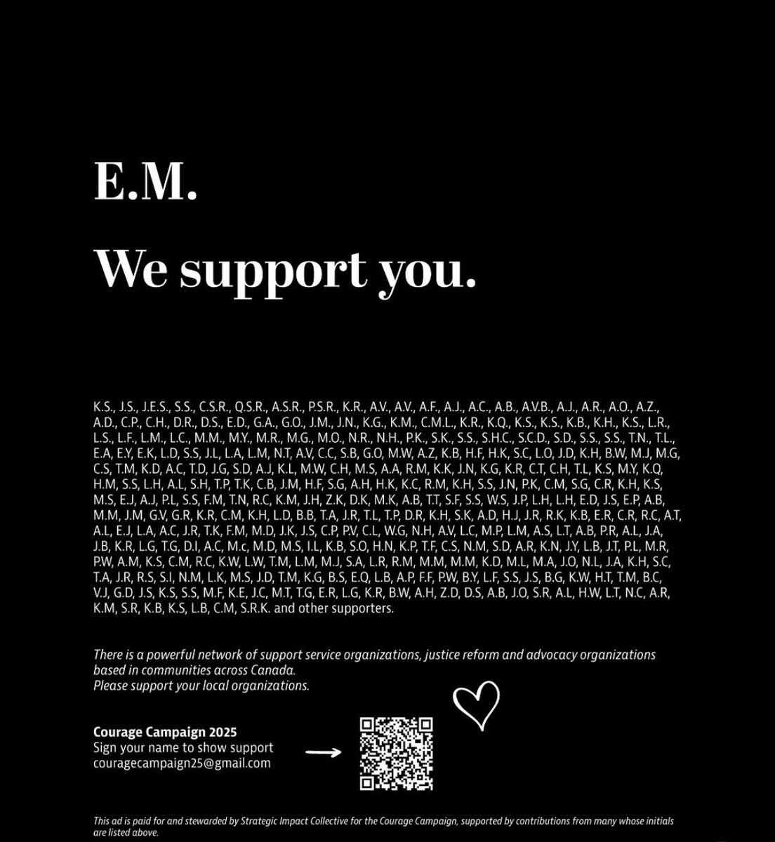 E.M. you are not alone. We stand with you — and with all survivors of gender-based violence.#CourageCampaign25 #WeSupportEM #bcpoli #cdnpoli 

Add your name: actionnetwork.org/forms/em-we-su…