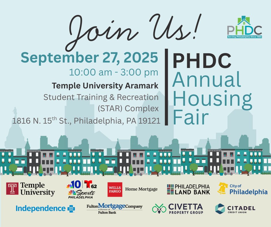 📢Hey Philly residents!

If you’re looking for homebuying or home maintenance info and don’t know where to start, come to #PhilaPHDC's Annual Housing Fair!

Meet with pros to learn all about available programs and services!

Sep. 27, 10a-3p

Register now! bit.ly/3SUehPK