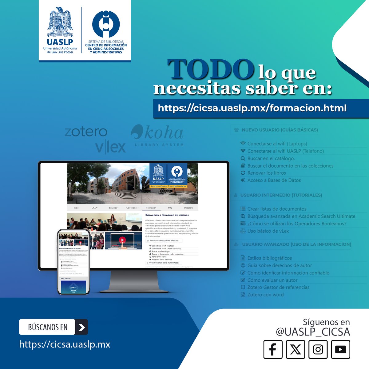 UASLP_CICSA's tweet photo. 📷 ¡Todo lo que necesitas para tu formación está en CICSA!
Visita nuestra página principal 📷 https://t.co/Un6Oa9mMMt y descubre recursos, tutoriales y guías.
#CICSA #UASLP https://t.co/vpHV0xIEhy