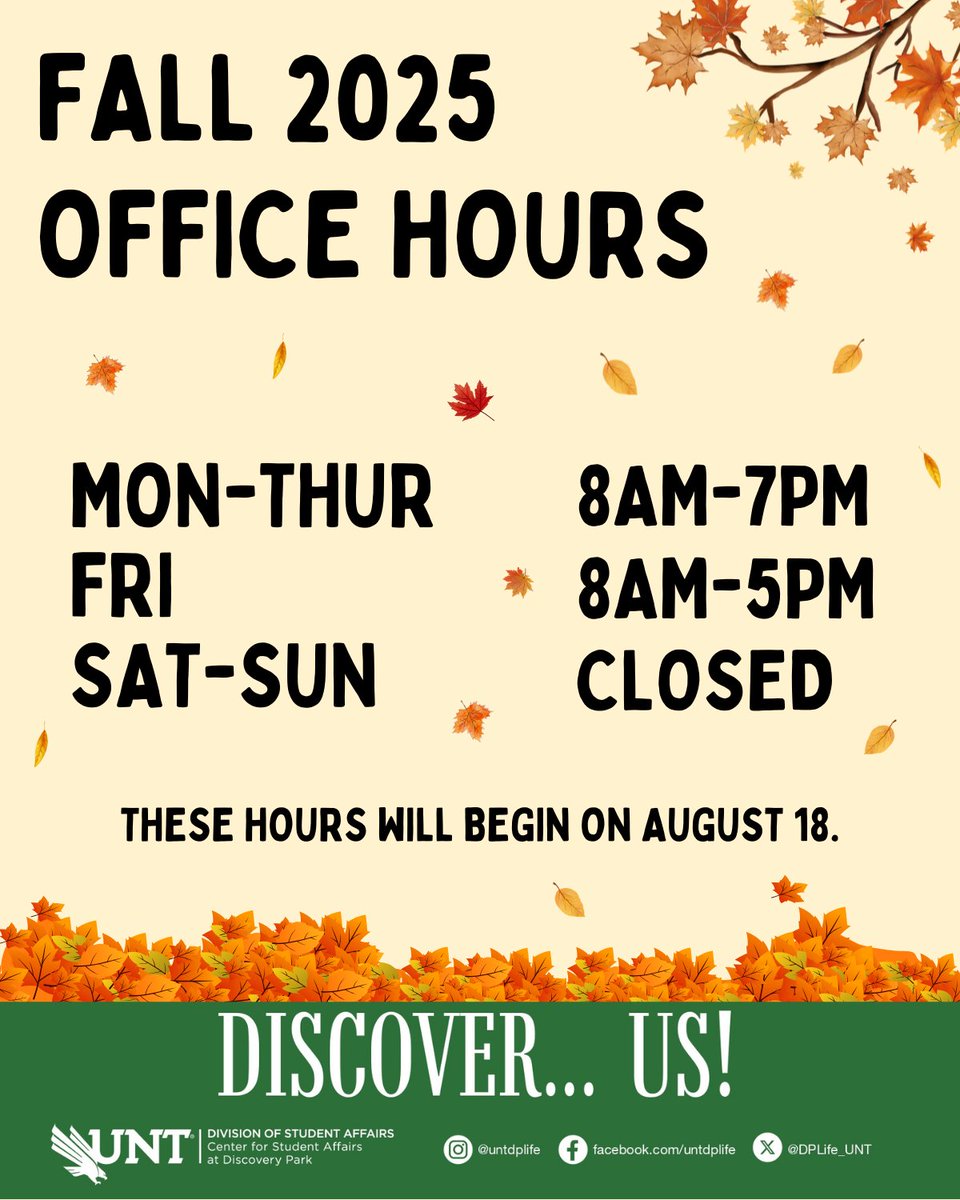 Welcome to a new school year at the University of North Texas! Here are our hours for the Fall semester. Make sure to come to our office to chat, check out equipment, and learn about resources just for you!