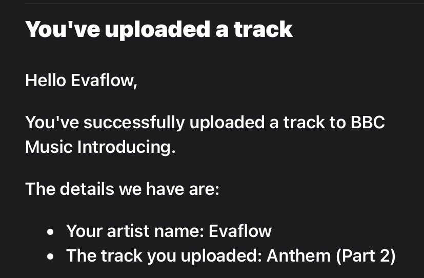 “Uploaded ‘Anthem Part 2’ to <a href="/bbcintroducing/">BBC Music Introducing</a> 🔥 

Let’s get it on air 🚀”